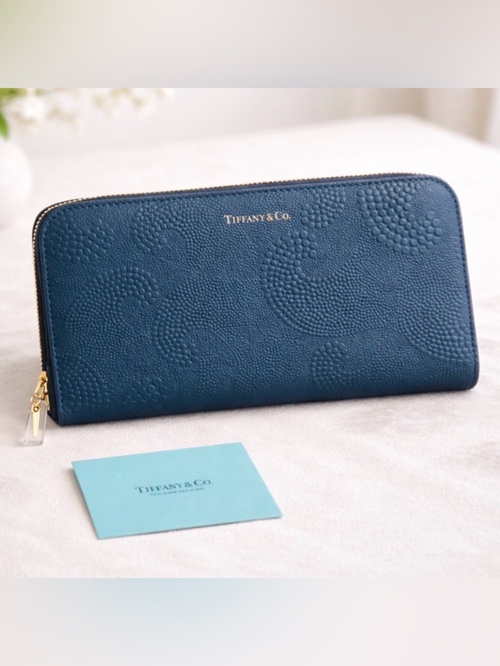 Tiffany & Co. Textured Navy Blue Zip-Around Wallet with Gold Hardware